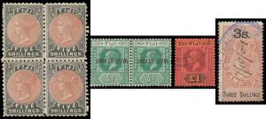 Fiji - Collection with modest pre-WWII issues but including QV 5/- mint block of 4, 'WAR STAMP' ½d pair with the Overprint Inverted pair (toning but one unit unmounted) & KGV £1 Die II mint, KGVI Pictorials set mint & used + 5d "Blue Canes" on registered 