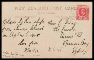 Fiji - WRECK MAIL: 1908 Union Line RMS 'Manuka' steamship picture postcard written by survivor of the SS "Aeon" wreck rescued from the Gilbert & Ellice Islands with message "Relieved by this ship from Xmas Island on Sept 24th 1908, love from Norton" sent 