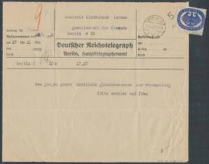 Germany - 1928 1928 'Deutscher Reichstelegraph' forms for a Jewish wedding with 'BERLIN' datestamps, blue 'Eagle' Telegraph stamps (many damaged on opening but some complete) and red crayon pneumatic mail station numbers, also illustrated HebrÃƒÆ’¤ische M