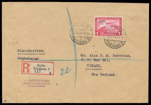 Germany - 1934 registered cover to New Zealand with Zeppelin 'Chicagofahrt/Weltaustellung/1933' overprint 1Mk red Mi #496 tied 'BERLIN/23.3.34/FRIEDENAU 2' d/s and R label alongside, partial Italian 'AMBULANT...' TPO b/s, Michel Cat ‚¬Å¡¬550 on cover; als