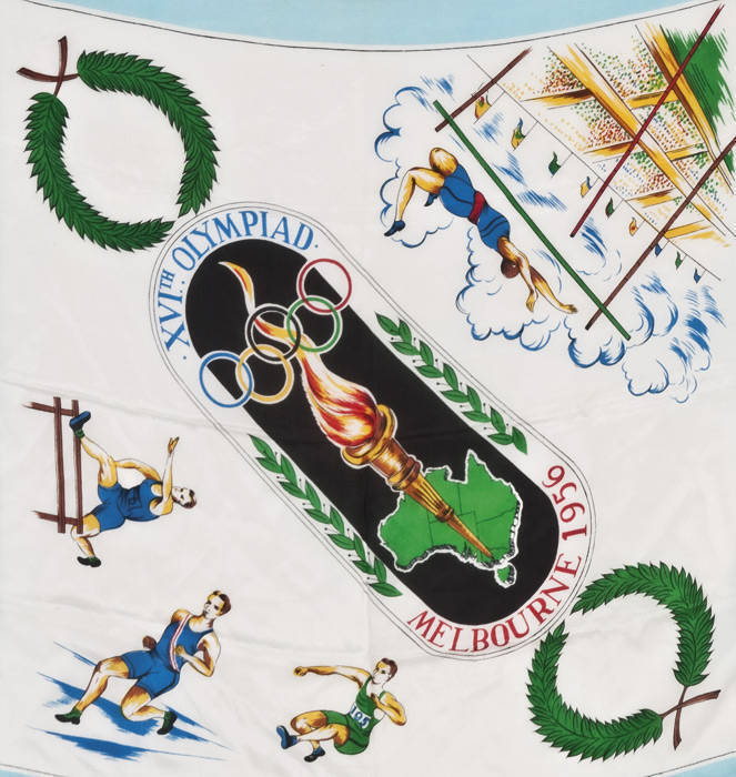 Ladies silk scarves showing olympic rings, map & torch (2 variations). One in poor condition, others VG condition.