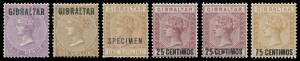 Gibraltar - 1886-98 Queen Victoria Issues SG 1-45 complete - ex SG 24 - plus 1886-87 set with 'SPECIMEN' Overprint, 1889 Spanish Surcharges '25 CENTIMOS' on 2d with Short 'I' & with Broken 'N' and '75 CENTIMOS' on 1/- with Short Foot on '5', a few minor d