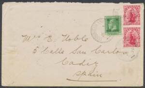 Gilbert & Ellice Islands - FANNING ISLAND: 1920 commercial cover to Spain (!) with NZ 1d pair & 'WAR STAMP' ½d tied by three fine to very fine strikes of 'FANNING ISLAND/JE1/20' cds, poor 'CADIZ' arrival b/s. [Pre-WWII mail even from Australia to Spain is