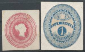 1840 "Penny Black" 1839 Treasury Competition - Reprinted designs by Charles Whiting 1) oval 'PAID' embossing in rose on stout wove paper; and 2) oval 'V [crown] R/POST OFFICE/1D/HALF OZ' embossing in blue cut-to-shape & affixed to a piece of thin card. (2