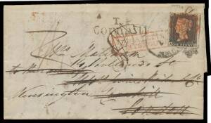 1840 "Penny Black" The plates - PLATE 1a: 1d black paying the redirection fee on 1839 (Dec 17) entire from van Diemen's Land to London via Cape Town with boxed 'INDIA LETTER/PORTSMOUTH' h/s & arrival b/s of MY20/1840 both in red, 'TP/Cornhill' h/s from wh