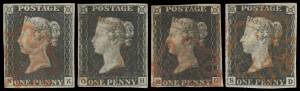 1840 "Penny Black" The plates - PLATE 4: 1d black seven singles - four with full margins - plus three covers - two of the stamps with full margins, Cat £4875. (7 + 3 covers)