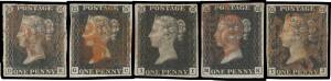 1840 "Penny Black" The plates - PLATE 8: 1d black five singles - all with full margins - plus two covers, one of the stamps with full margins, Cat £5000+. (5 + 2 covers)