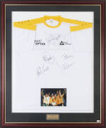 AUSTRALIAN DAVIS CUP TEAM: Australian Davis Cup shirt with 5 signatures on front - John Fitzgerald, Lleyton Hewitt, Todd Woodbridge, Mark Phillipousis & Wayne Arthurs, window mounted, framed & glazed, overall 90x111cm.