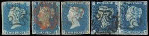 1840 "Tuppence Blue" - PLATE 1: 2d blue selection of seven singles - four with full margins, one of them with faults - a pair [GA-GB] the right-hand unit with full margins, and a defective strip of 4, Cat £12,000+ minimum. (13)