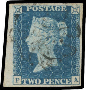 1840 "Tuppence Blue" - PLATE 1: 2d deep full blue SG 4 [PA] from the left of the sheet with margins close to huge, light Maltese Cross in black, Cat £1150.