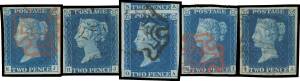 1840 "Tuppence Blue" - PLATE 2: 2d blue six singles, one with almost full margins & a chunk of the adjoining unit above, another with good even margins & an obvious but indistinct 1844-type numeral cancellation, a little aged, Cat £6000+. [The Gibbons Spe