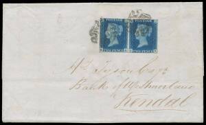 1840 "Tuppence Blue" - PLATE 2: 2d blue horizontal pair [KA-KB] with margins just clear to good tied to 3.1.1841 part-entire by Maltese Cross in black of 'YORK' (b/s), 'KENDAL' arrival b/s, Spec Cat £2500 for a pair & £3000 for a single on cover. Very fin