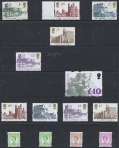 Great Britain - Array of decimal Machins including 12½p emerald & 16p drab Imperf Pairs, Control Number blocks to £5 x2, etc, plus Regionals including pre-decimals & post-Machins, some minor varieties noted, also Castles to £5 x2 & £10 Britannia, unmounte