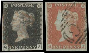 Great Britain - 1840 "Penny Black" & "Penny Brown" [Q-J] matching "pair" both with full margins, "Penny Black" - full margins, faint crease - tied to Nov 1840 entire, and an 1839 Scottish entire.