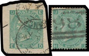 Great Britain - 1867-80 Spray of Rose 1/- green Plate '5' as SG 117 but the famous "Stock Exchange Forgery" [ED] tied to small piece by 'STOCK EXCHANGE/JY1/72/EC' cds, Spec Cat £850. With a damaged normal stamp for comparison. [Gibbons state this is a "sk