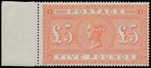 Great Britain - 1867-83 High Values White Paper £5 orange SG 137 [AC] marginal example from the left of the sheet, very lightly mounted, Cat £14,500. A very attractive example of this iconic stamp.