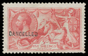 Great Britain - 1913-19 Seahorses Bradbury Wilkinson Printings 2/6d chocolate - marginal from the left of the sheet - & 5/- rose-red (minor blemishes) SG 414 & 416 both with 'CANCELLED' Overprint Type 24 SG Spec #N65(3)zb & N66(1)t, Spec Cat £2200. (2)