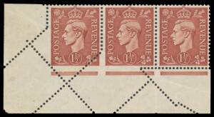 Great Britain - 1937-47 KGVI Definitives 1½d red-brown SG 464 horizontal strip of 3 from the lower-left of the sheet with the first two units Partly Imperforate as a Result of a Pre-Perforating Paper Fold, lightly mounted in the lower margin only otherwis