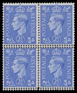 Great Britain - 1937-47 KGVI Definitives 2½d ultramarine SG 466 block of 4, the lower units with Double Perfs on All Sides, a couple of hinge remainders.