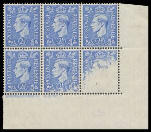 Great Britain - 1941-42 KGVI Definitives 2½d light ultramarine block of 6 from the lower-right corner of the sheet, all units affected to varying degrees by a Dry Print that has caused a 60% Void on the last unit, minor perf separation/rejoining at the to