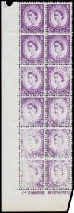 Great Britain - 1958-65 Multiple Crowns Wmk 3d deep violet block of 12 (2x6) from the lower-left of the sheet with all units affected by a Dry Print that increases towards the base of the sheet, unmounted.