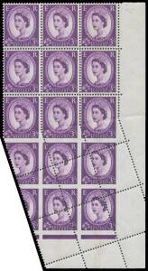 Great Britain - 1958-65 Multiple Crowns Wmk 3d deep violet block of 15 (3x5) from the lower-right of the sheet with all units on the last three rows affected by a Major Misperforation Error caused by a Pre-Perforating Paper Fold resulting in the last nine