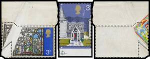 Great Britain - 1971-73 Perforation Errors comprising 1) Machin 1d corner block of 9 with Misplaced Vertical Perfs; 2) 1971 Christmas 3p upper-left corner example with Major Pre-Printing Paper Fold resulting in Partial Missing Colours that are Printed on 