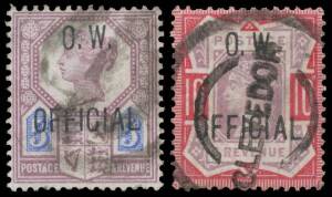 Great Britain - OFFICIAL OVERPRINTS: 'O.W./OFFICIAL' Overprint on QV 5d (a little rubbed) & 10d (parcel fragments adhering, superb 'CLEVEDON' parcel cancel) SG O34 & 35, Cat £3650. No certificates but our vendor assures us they are genuine; extension avai