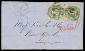 Postal History (Great Britain) - 1853 trans-Atlantic outer with attractive franking of Embossed 1/- x2 - a severed vertical pair both cut-square with virtually full margins, one just shaved at the top - tied by indistinct cancels of 'BARNSLEY/OC20/1853' (