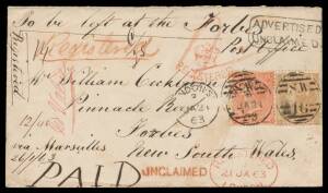 Postal History (Great Britain) - 1863 (Jan 21) cover endorsed "Registered" & "No Value" to "Pinnacle Reef/Forbes/New South Wales" endorsed "To be left at the Forbes Post Office" with 'EAST-SHEEN' b/s, 4d & 9d tied by 'LONDON SW - SW/16' duplex, 'REGISTERE