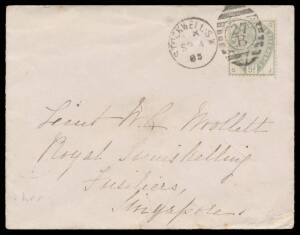 Postal History (Great Britain) - 1885 cover to an army officer at Singapore with very fine 5d green (Cat Â£350 on cover) tied by 'STOCKWELL SW/SP4/85 - 27/B' duplex, largely very fine double-circle 'PENANG-AND-SINGAPORE/1/OC/85/PAID' marine sorter b/s, a