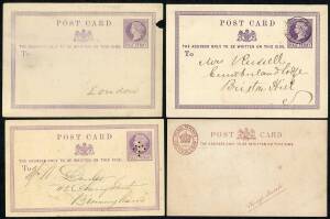 Postal History (Great Britain) - POSTAL CARDS: Selection on display pages including 1870 Â½d usage on First Day of Issue, 1882 De La Rue 'INLAND REVENUE/CERTIFYING STAMP' essay, postal markings including 1871 "clipped" at Manchester, 1873 arrowhead perfin