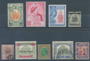 Malaya - Disorganised accumulation in box with plenty of pickings noted Straits Settlements used in quantity from QV with some postmark interest, Federated Malay States Tigers to $2 and Elephants to $5 used, Kelantan $5 Wedding used, Perak 1935 Sultan Isk