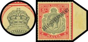 Malta - 1922 'SELF-GOVERNMENT' Overprints MCA 5/- with Broken Crown & Break in Scroll SG 113b marginal example from the right of the sheet, very lightly mounted, Cat £375.