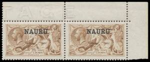 Nauru - 1916-23 Overprints on Great Britain Seahorses De La Rue Printings 2/6d yellow-brown SG 20 upper-right corner pair, unmounted, Cat £140++ (mounted).