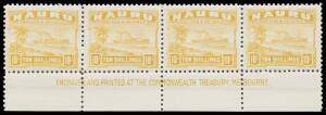 Nauru - 1924-48 Ships Shiny Paper ½d to 10/- SG 26B-39B matching imprint strips from the base of the sheets, some gum-toning especially affecting the 4d 5d & 5/- but the 10/- is very fresh, unmounted, Cat £800++ (mounted). [A 10/- block of 4 with irregula