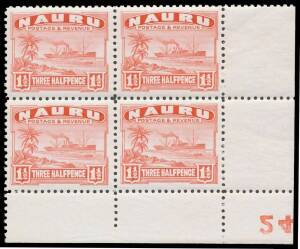 Nauru - 1924-48 Ships Shiny Paper 1d upper-left & 1½d lower-right corner blocks of 4 with complete Plate Numbers '23' (reversed) or '24' (inverted & reversed) respectively, unmounted. Rare. [Plate blocks of the ½d 1d 2½d 4d & 1/- sold at a Sydney auction