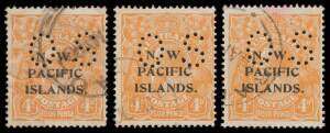 New Guinea - Duplicated array on Hagners with a few GRIs; NWPIs with punctured 'OS' 2d Roo x7, KGV 1d red x13, 4d orange x3, 2d orange x2 & 2d scarlet; Mandated Territory Huts mint to 10/- & used to 2/-, Hut Airs mint to 5/- plus 2/- with Short 'I' in 'MA