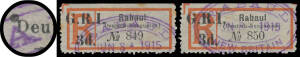 G.R.I.' Overprints - 1915 'G.R.I./3d.' on German Registration Labels 'Rabaul/(Deutsch-Neuguinea)' SG 33 'No 850' & the adjoining unit 'No 849' with No Bracket before ' Deutsch' SG SG 33b, a few minor tonespots, both with oval Rabaul datestamp of JUN 8 191