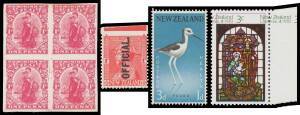 New Zealand - Varieties including 1d Dominion Imperf Block of 4, 1d Admiral with 'OFFICIAL' Oveprint Imperf at Top with Jubilee Line, 1959 Health 3d+1d Stilt with Pink (Legs) Omitted (mounted), 1960-66 Pictorials 5d block of 4 & 5/- block of 6 both with D