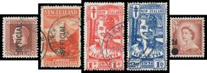 New Zealand - Simplified collection with QV Second Sideface set, 1898 Pictorials 2/- Perf 15 & 5/- Perf 14 'OFFICIAL' fine used, KEVII & KGV Heads plus Officials complete used, Admiral 2/- plus 'OFFICIAL' & 3/- used (parcel cancels), Dunedin Exhibition, A