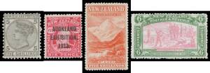 New Zealand - Collection with a page of Chalons, First Sidefaces to 1/- & an apparently unused 5/-, Second Sidefaces set plus Adverts to 6d x2, No Wmk Pictorials mint set plus various printings used to 2/- x2, Christchurch & Auckland Exhibition sets, KEVI