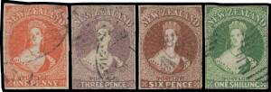 New Zealand - 1862-65 Star Imperf 1d carmine-vermilion, 3d brown-lilac, 6d brown & 1/- green SG 33 40 42 & 44, all with full margins, lightly cancelled the 1d with 'QUEENS REDOUBT'-in-oval h/s, Cat Â£885.