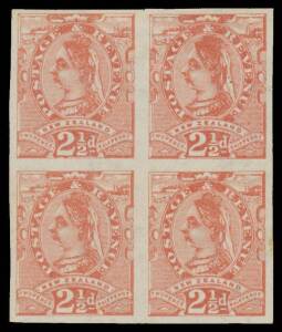 New Zealand - 1882-1900 Second Sidefaces 2½d imperforate plate proof block of 4 in brown-red on ungummed watermarked paper, margins close to good. Ex "Midas" & Sir Gawaine Baillie.