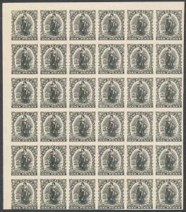 New Zealand - 1908 Surface-Printed 1d imperforate plate proof block of 36 (6x6) from the upper-left corner of the sheet in black on thin card, margins close - at the base - to huge. Ex "Midas" & Sir Gawaine Baillie: acquired at the Prestige auction of 30.