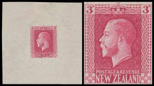 New Zealand - 1915-30 KGV Recess 3d die proof in carmine - the colour adopted for the 6d - on thin wove paper (54x56mm). Gorgeous! Ex Gordon Darge & Sir Gawaine Baillie: acquired at the Prestige auction of 30.3.2012 for $1725.