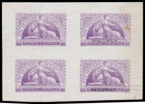 New Zealand - 1920 Victory Â½d violet plate imperf proof block of 4 on gummed paper, the two right-hand units with 'SPECIMEN' overprints (Type B) and multiple albino impressions over the block, printer's marking at lower-right, light soiling upper right o