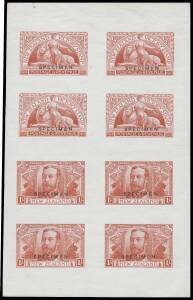 New Zealand - 1920 Victory Â½d chocolate and 1/- chocolate imperf plate proofs se-tenant block of 8 on gummed paper all overprinted 'SPECIMEN' (Type B), couple of insignificant marks in the margin otherwise fine and unmounted.