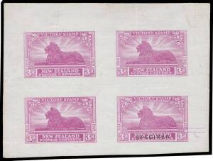 New Zealand - 1920 Victory 3d magenta imperf plate proof block of 4 on gummed paper, the lower-right unit with 'SPECIMEN' overprint (Type B) and multiple albino impressions over the block, printer's marking at lower right, light surface soiling otherwise 