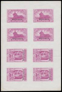 New Zealand - 1920 Victory 3d magenta and 6d magenta imperf plate proofs se-tenant block of 8 on gummed paper all overprinted 'SPECIMEN' (Type B), minor surface soiling otherwise fine.